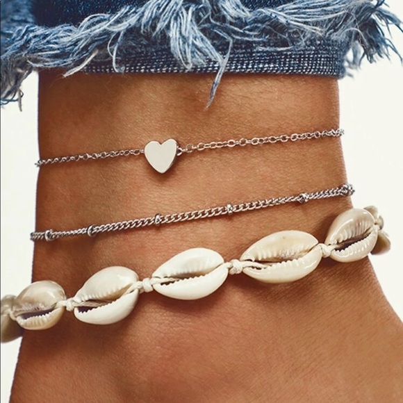Jewelry - • Destiny • 3 Pc. Shell + Heart Anklet Set